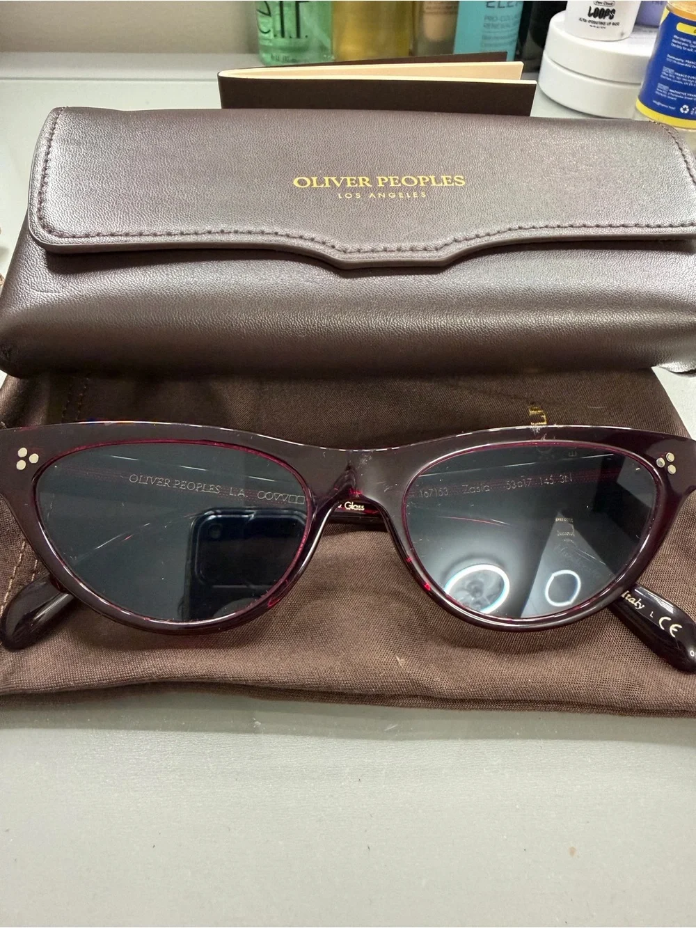 Oliver Peoples Burgundy Cat-Eye Sunglasses with Dark Smoke Lenses